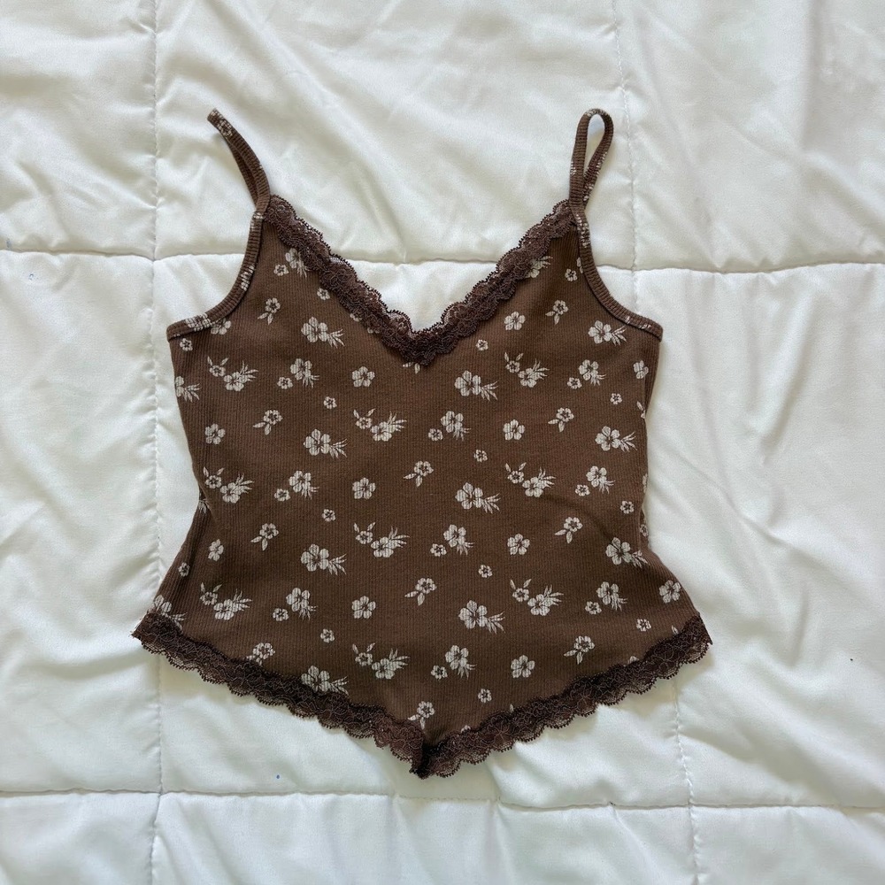 Hollister Brown Floral Lace Trim Camisole Cami Top Small Cottagecore Feminine